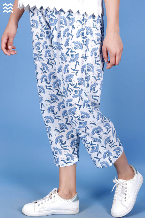 Cambric Cotton Rose Pant In Floral Block Print