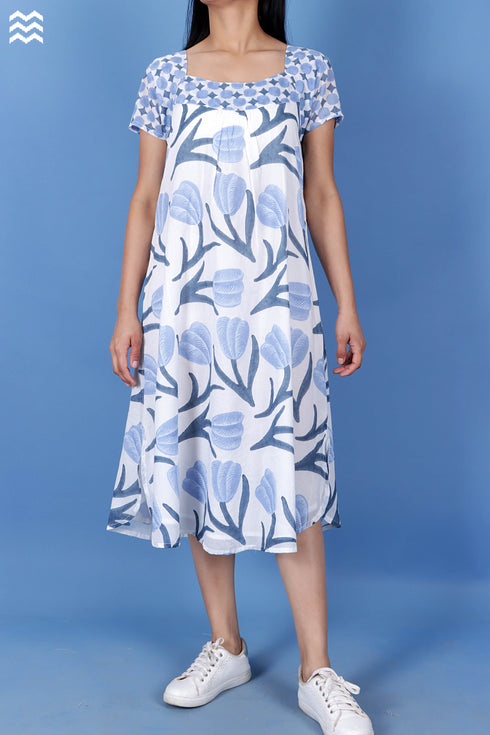 Mulmul Cotton Bubble Dress In Floral Block Print