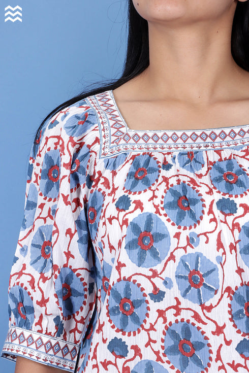 Crepe Cotton Tommy Top In Floral Block Print