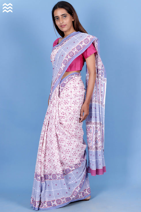 Mulmul Cotton Saree With Fall In Floral Block Print