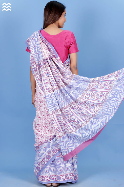 Mulmul Cotton Saree With Fall In Floral Block Print