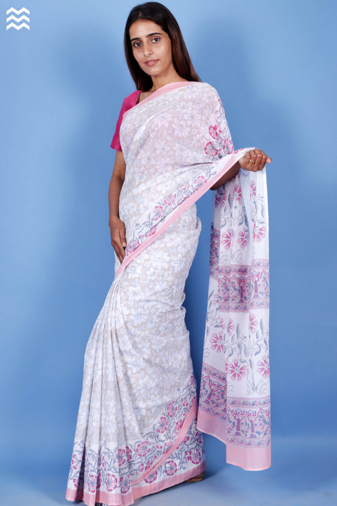 Mulmul Cotton Saree With Fall In Paisley Block Print