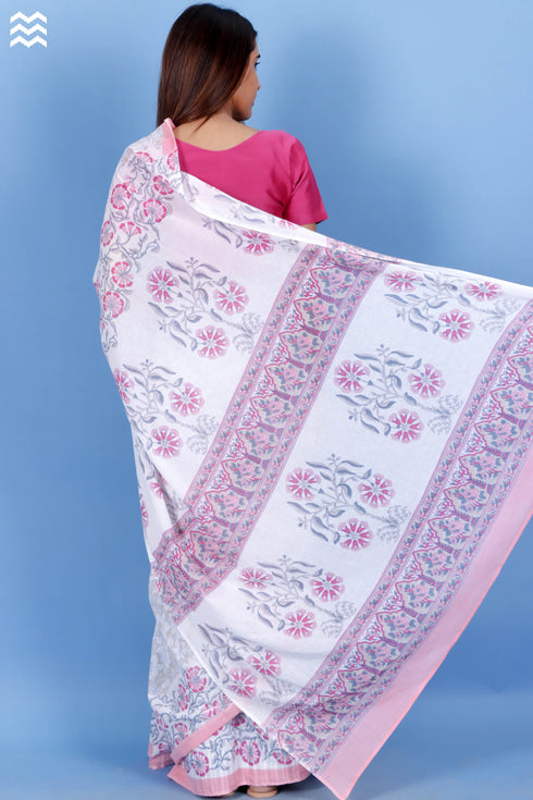 Mulmul Cotton Saree With Fall In Paisley Block Print