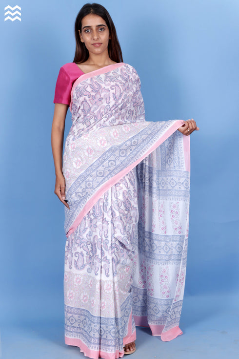Mulmul Cotton Saree With Fall In Floral Block Print