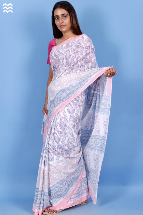 Mulmul Cotton Saree With Fall In Floral Block Print
