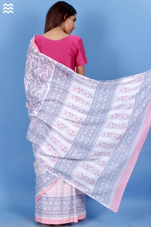 Mulmul Cotton Saree With Fall In Floral Block Print