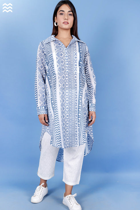 Mulmul Cotton Long Boyfriend Top In Graphic Block Print
