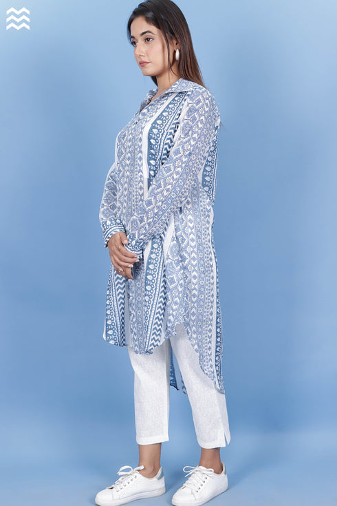 Mulmul Cotton Long Boyfriend Top In Graphic Block Print
