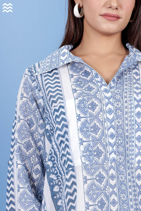 Mulmul Cotton Long Boyfriend Top In Graphic Block Print