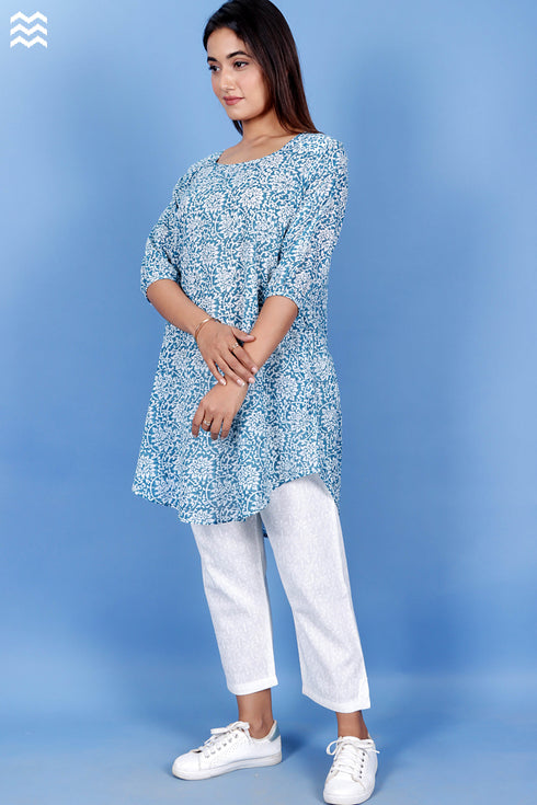 Mulmul Cotton Long Rose Top With Floral Block Print