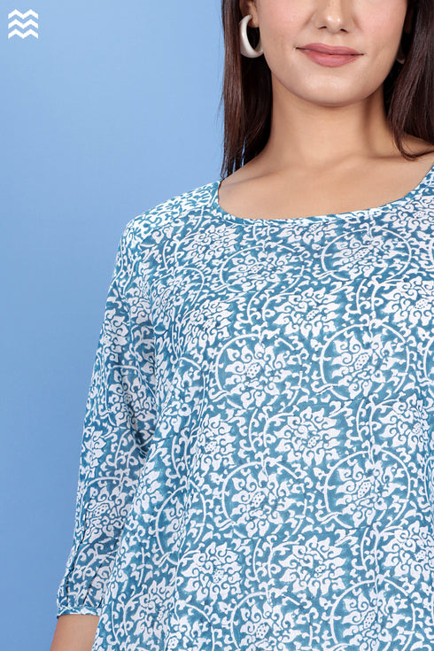 Mulmul Cotton Long Rose Top With Floral Block Print