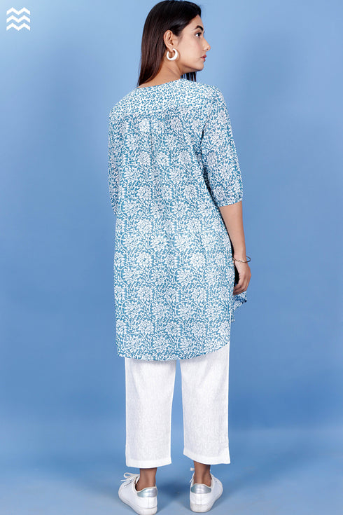 Mulmul Cotton Long Rose Top With Floral Block Print