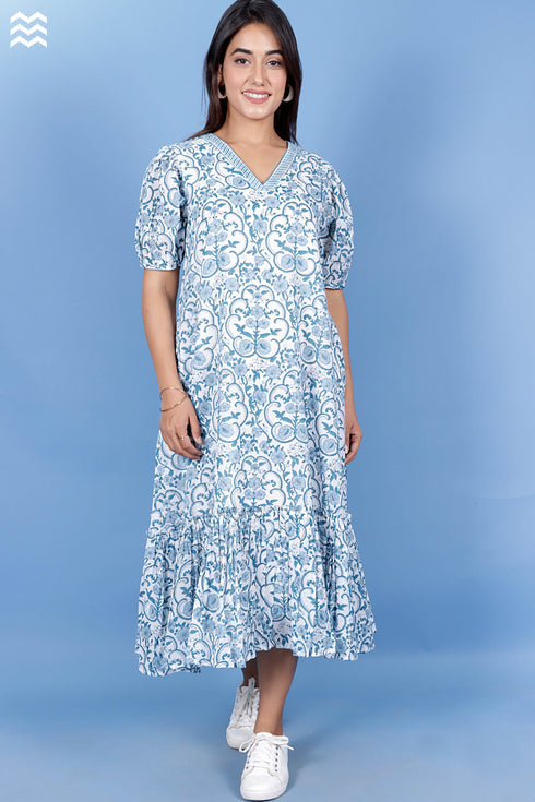 Mulmul Cotton Frilly Jelly Dress in Floral Block Print