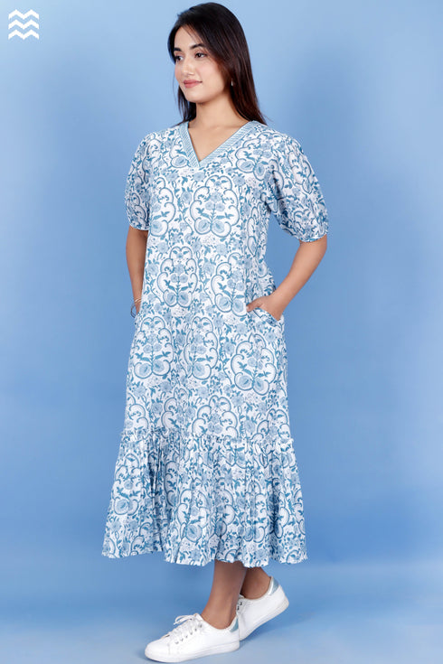 Mulmul Cotton Frilly Jelly Dress in Floral Block Print