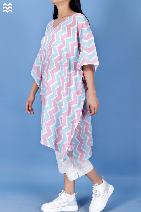 Crepe Cotton Resort Caftan In Zigzag Block Print