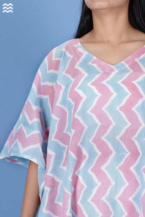 Crepe Cotton Resort Caftan In Zigzag Block Print