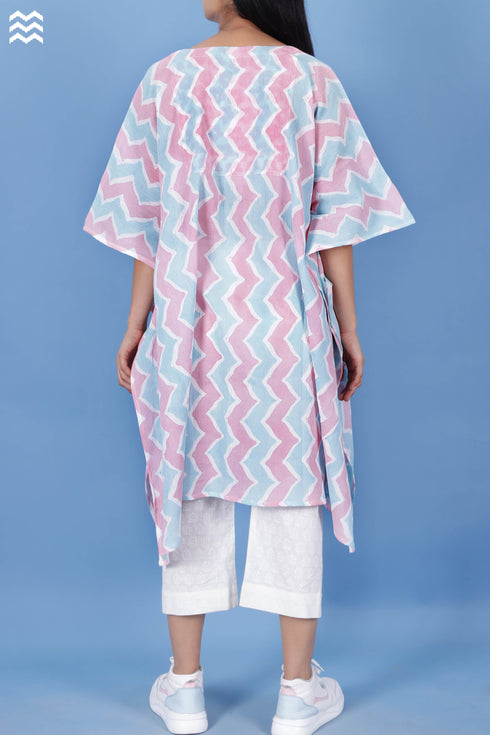 Crepe Cotton Resort Caftan In Zigzag Block Print