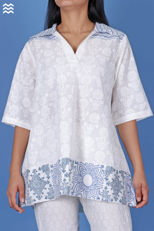 Slub Cotton Lacoste Top In White Block Print