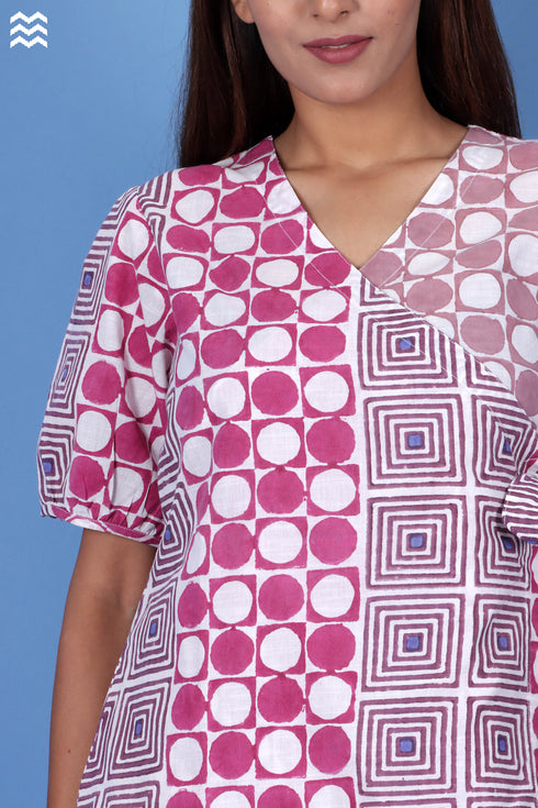 Slub Cotton Classic Wrap Dress In Graphic Block Print