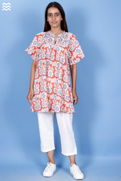 Crepe Cotton Butterfly Top In Floral Block Print