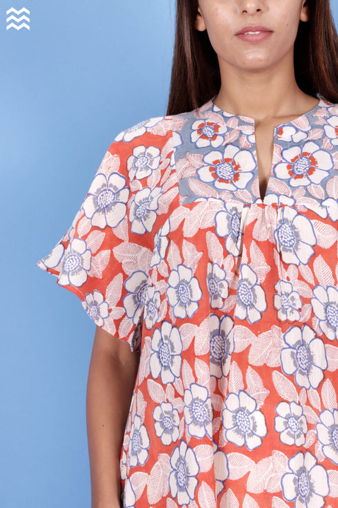 Crepe Cotton Butterfly Top In Floral Block Print