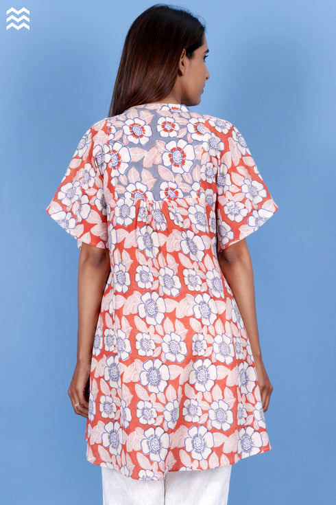 Crepe Cotton Butterfly Top In Floral Block Print