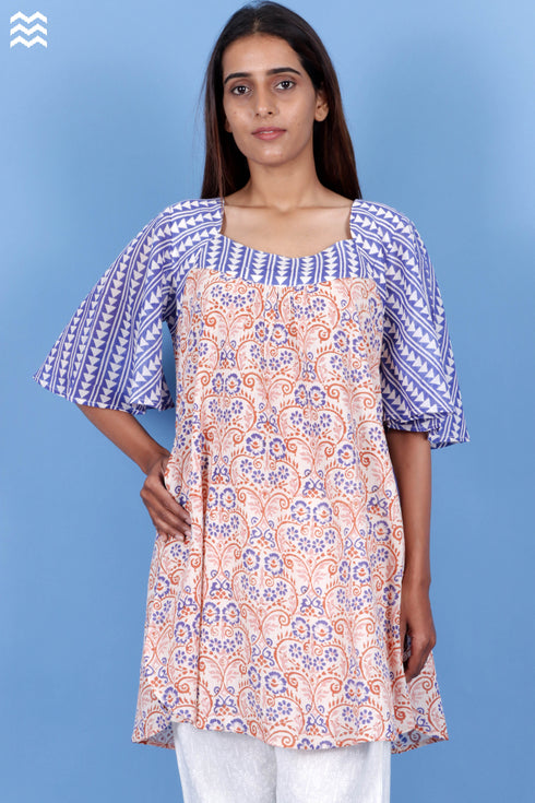 Crepe Cotton Bubble Top In Assorted Block Print