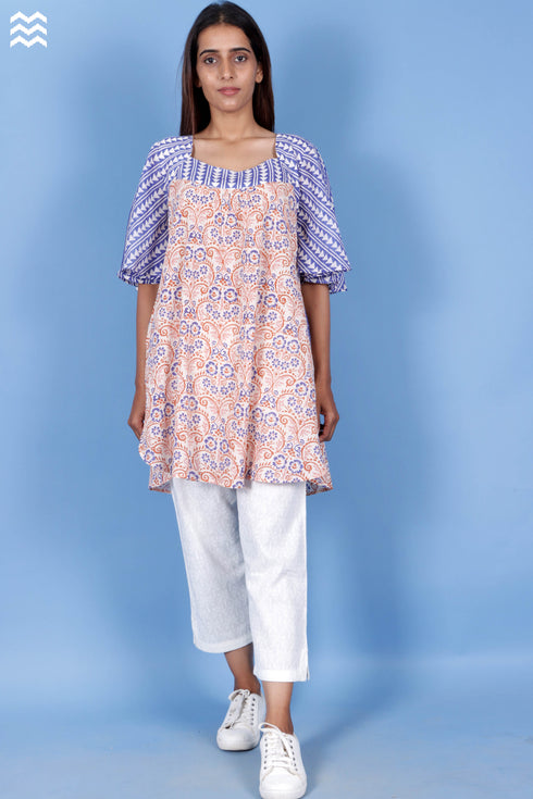 Crepe Cotton Bubble Top In Assorted Block Print