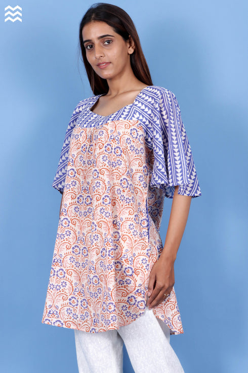 Crepe Cotton Bubble Top In Assorted Block Print