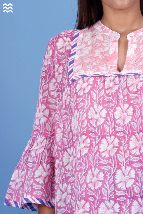 Mulmul Cotton Pushkar Top In Floral Block Print