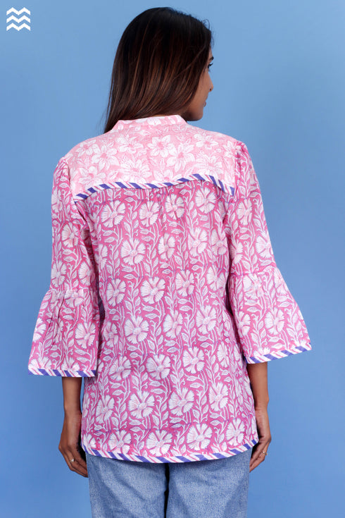 Mulmul Cotton Pushkar Top In Floral Block Print