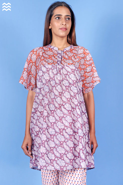 Crepe Cotton Butterfly Top In Paisley Block Print