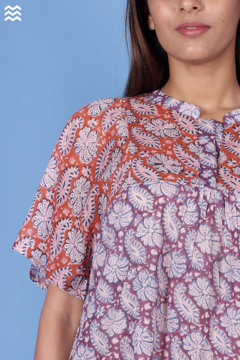 Crepe Cotton Butterfly Top In Paisley Block Print