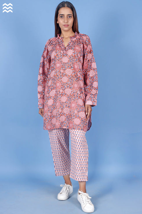 Mulmul Cotton Poiret Top In Floral Block Print