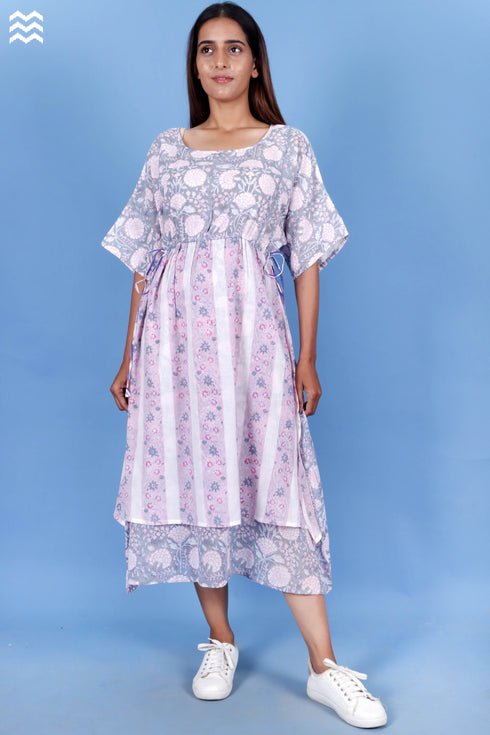 Mulmul Cotton Layered Dress In Floral Block Print