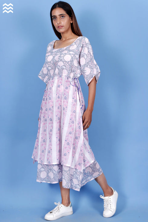 Mulmul Cotton Layered Dress In Floral Block Print