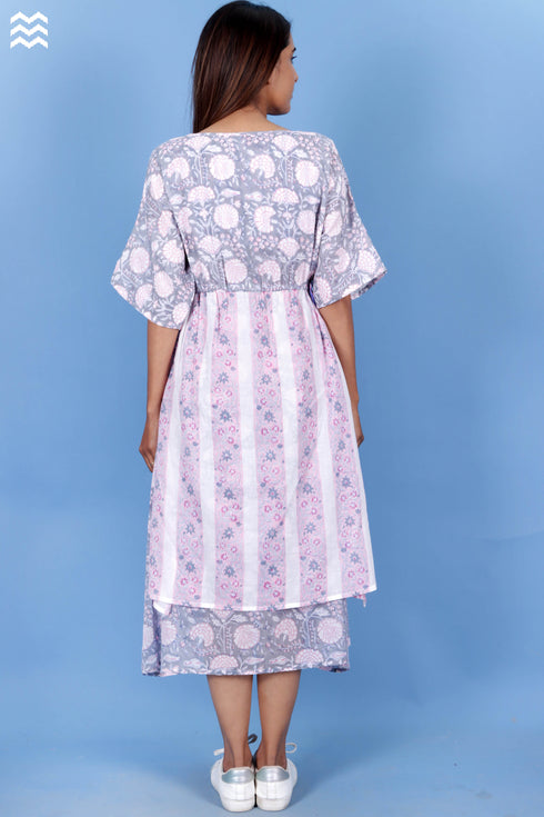 Mulmul Cotton Layered Dress In Floral Block Print