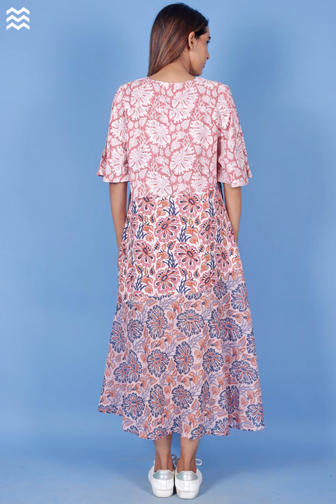 Harlequin Dress In Floral Block Print