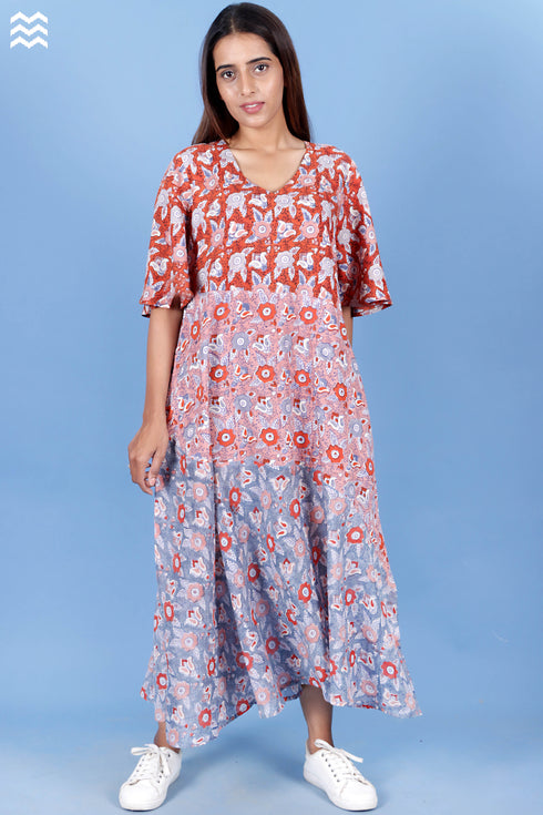 Harlequin Dress In Floral Block Print