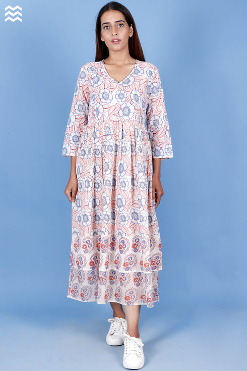 Cotton Layered Dress In Floral Block Print
