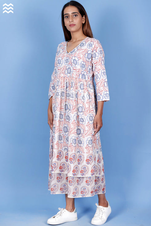 Cotton Layered Dress In Floral Block Print