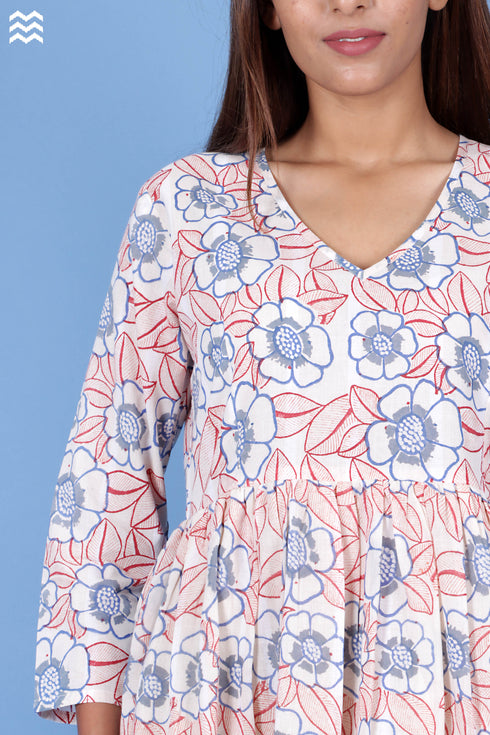 Cotton Layered Dress In Floral Block Print