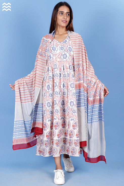 Cotton Layered Dress In Floral Block Print