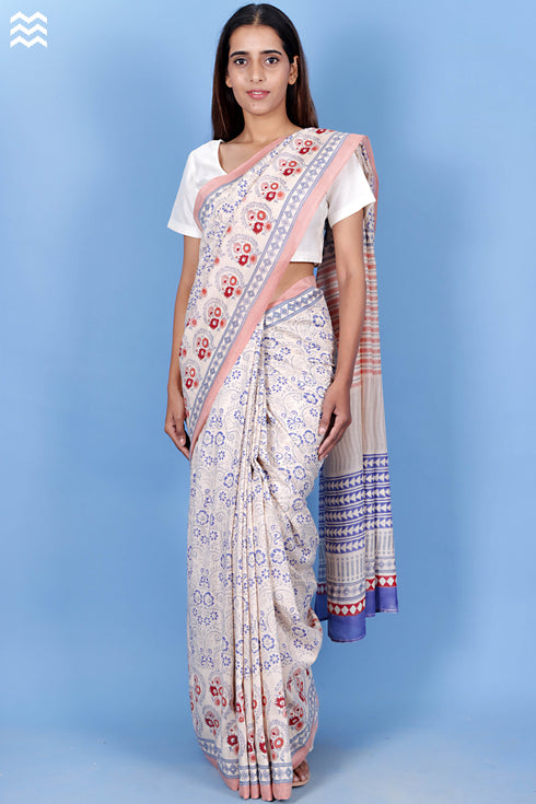 Cotton Silk Saree With Fall In Floral Block Print