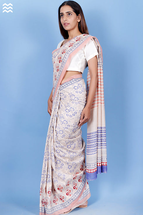 Cotton Silk Saree With Fall In Floral Block Print