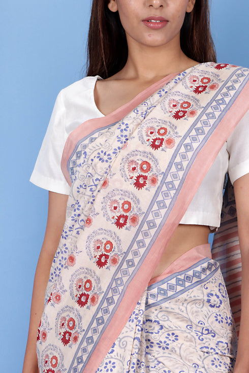 Cotton Silk Saree With Fall In Floral Block Print