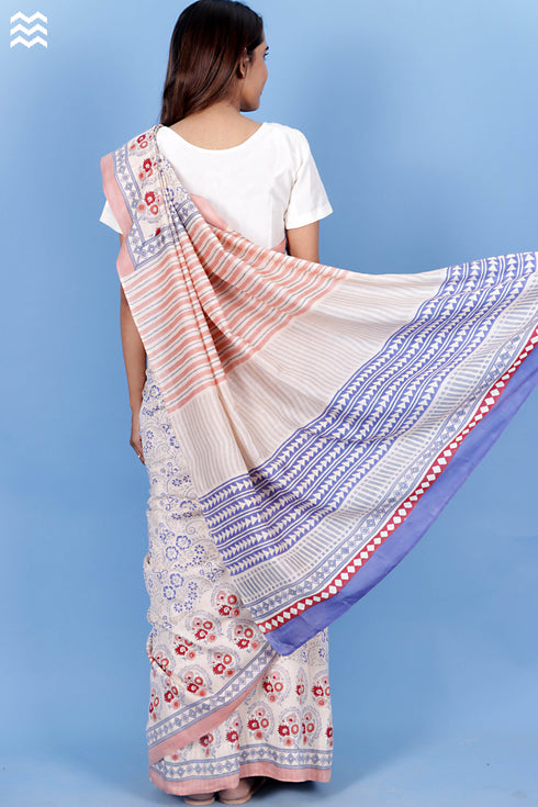 Cotton Silk Saree With Fall In Floral Block Print