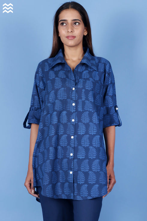 Slub Cotton Button Boyfriend Shirt In Block Print