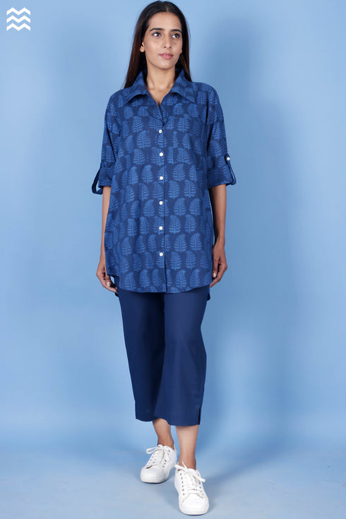 Slub Cotton Button Boyfriend Shirt In Block Print