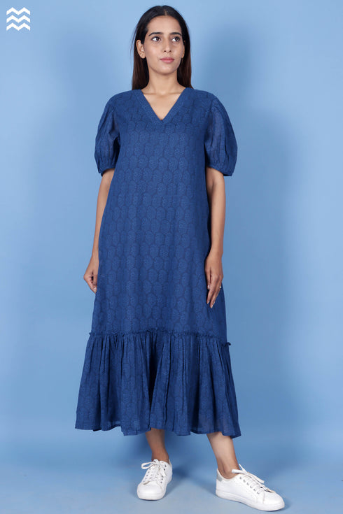 Mulmul Cotton Frilly Jelly Dress in Block Print